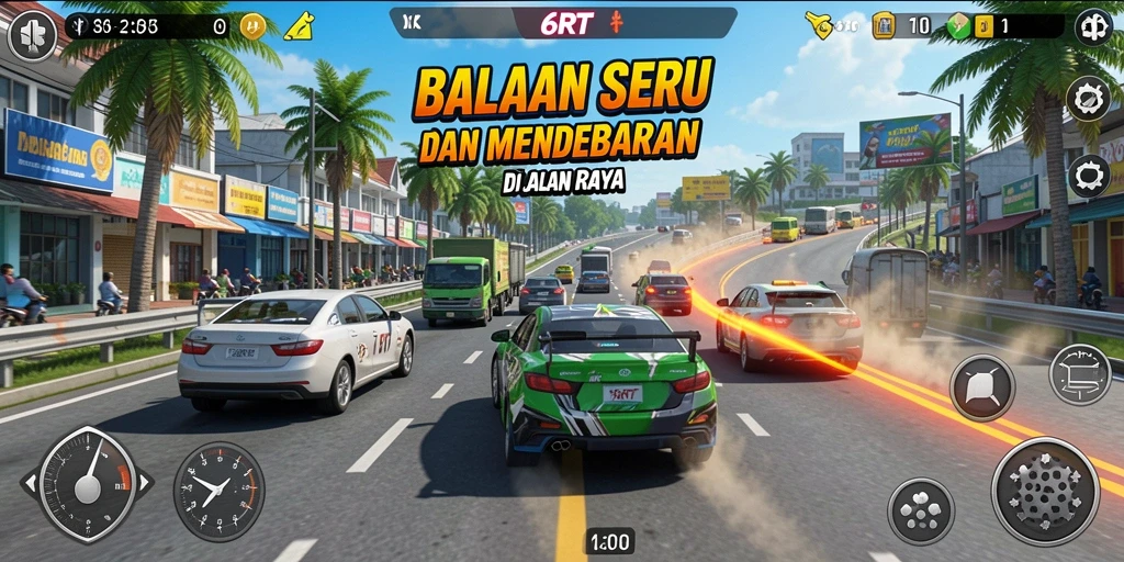 Gameplay Racing seru di 6RT dengan mobil balap cepat.