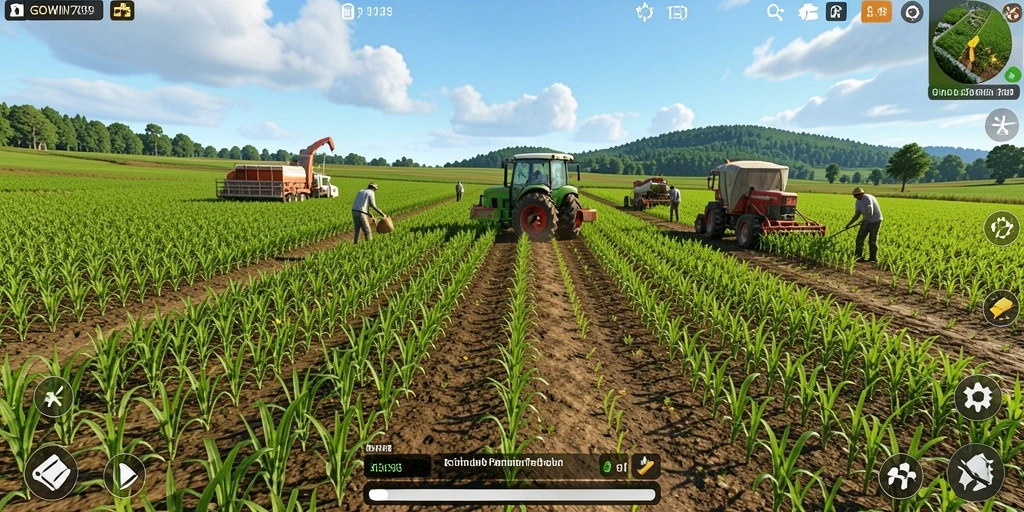 Tampilan permainan GOWIN789 yang menampilkan kebun subur dan hewan ternak.