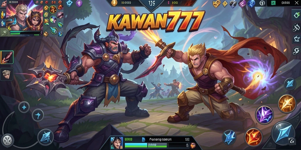 Screenshot gameplay KAWAN777 yang menunjukkan pertarungan epik antar karakter.