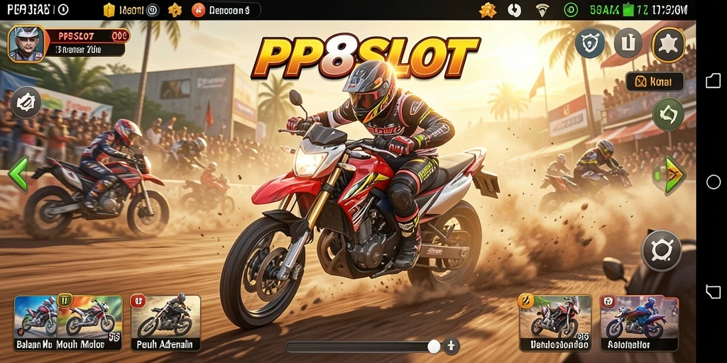 Screenshot gameplay PP8SLOT yang menunjukkan aksi balapan motor yang seru.