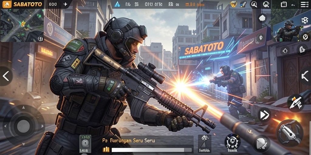 Screenshot gameplay SABATOTO menunjukkan aksi menembak yang mendebarkan.