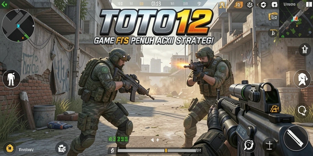 Screenshot utama TOTO12 menampilkan aksi cepat dalam pertempuran FPS.