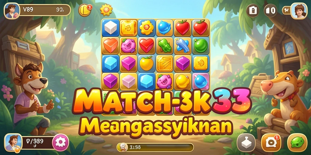 Tampilan gameplay V89 dengan suasana ceria dan tantangan Match-3.